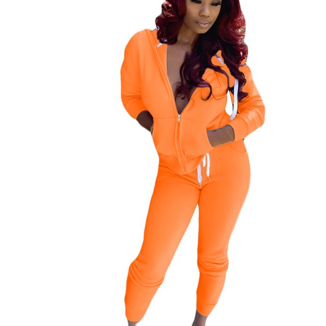 Women Solid Color Sets Zipper Hood Wear Lounge Wear Suit Sport Set Tops+Pants