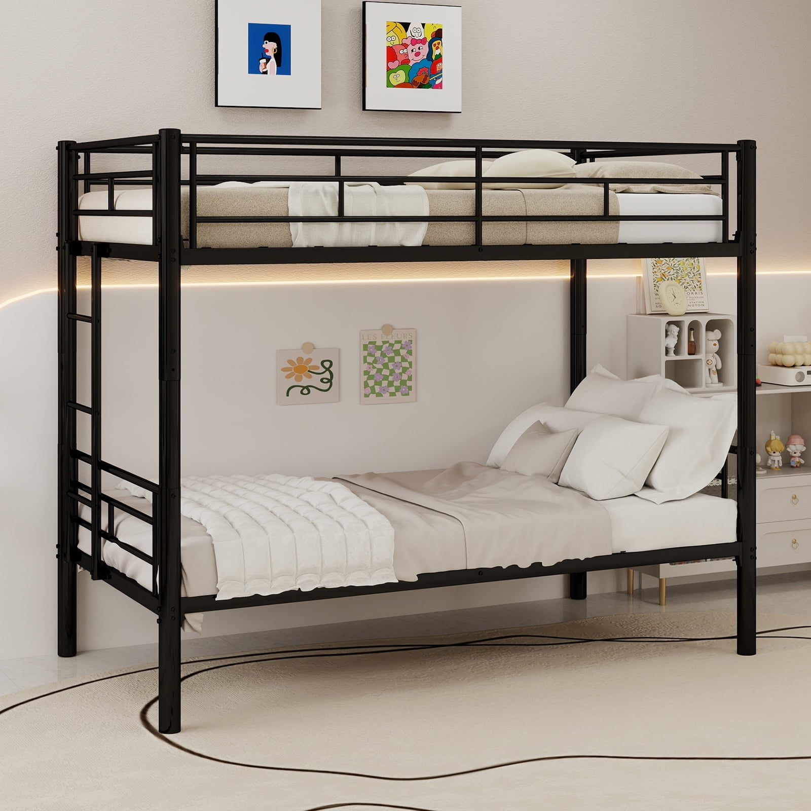 Twin Over Twin Metal Bunk Bed for Kids Boys Girls, Heavy Duty Steel Structure Bedframe with Ladders & Full Guardrail, Converts to 2 Separate Beds, No Box Spring Required, Black