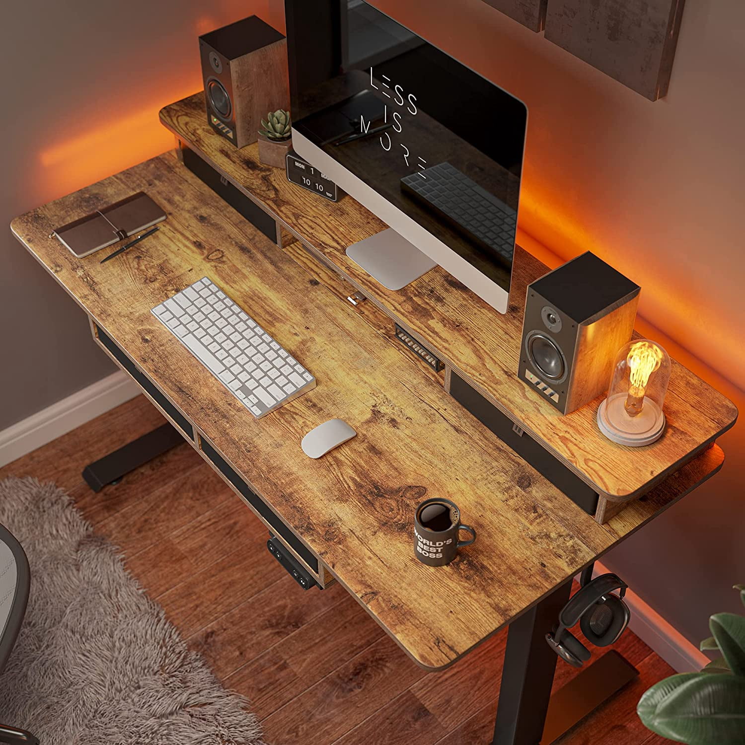 FEZIBO 48 x 24 Inch Height Adjustable Electric Standing Desk with 4 Drawers, Stand Up Table with Storage Shelf, Sit Stand Desk with Splice Board, Black Frame/Rustic Brown Top