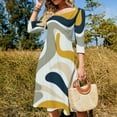 thumbnail image 4 of Abstract Wavy Yellow Navy Gray Women's 3/4 Sleeve Dresses Elegant A-Line Midi Dress Flare Summer Casual Sundress, 4 of 9