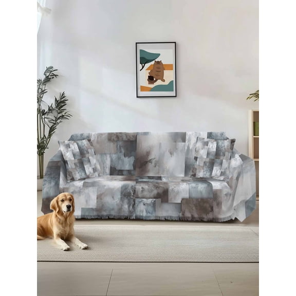 Gray Geometric Couch Cover for 2 Cushion Sofa, Modern Abstract Art Block Washable Loveseat Sofa Covers Slipcover for Sectional Sofas L-Shaped, Couch Throw Cover 71"x118"
