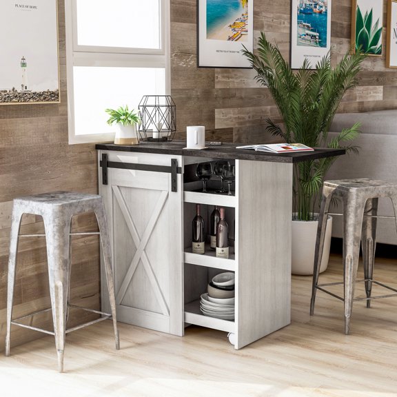 Aimmy 3-Shelf Wood Expandable Buffet, White Oak and Distressed Gray