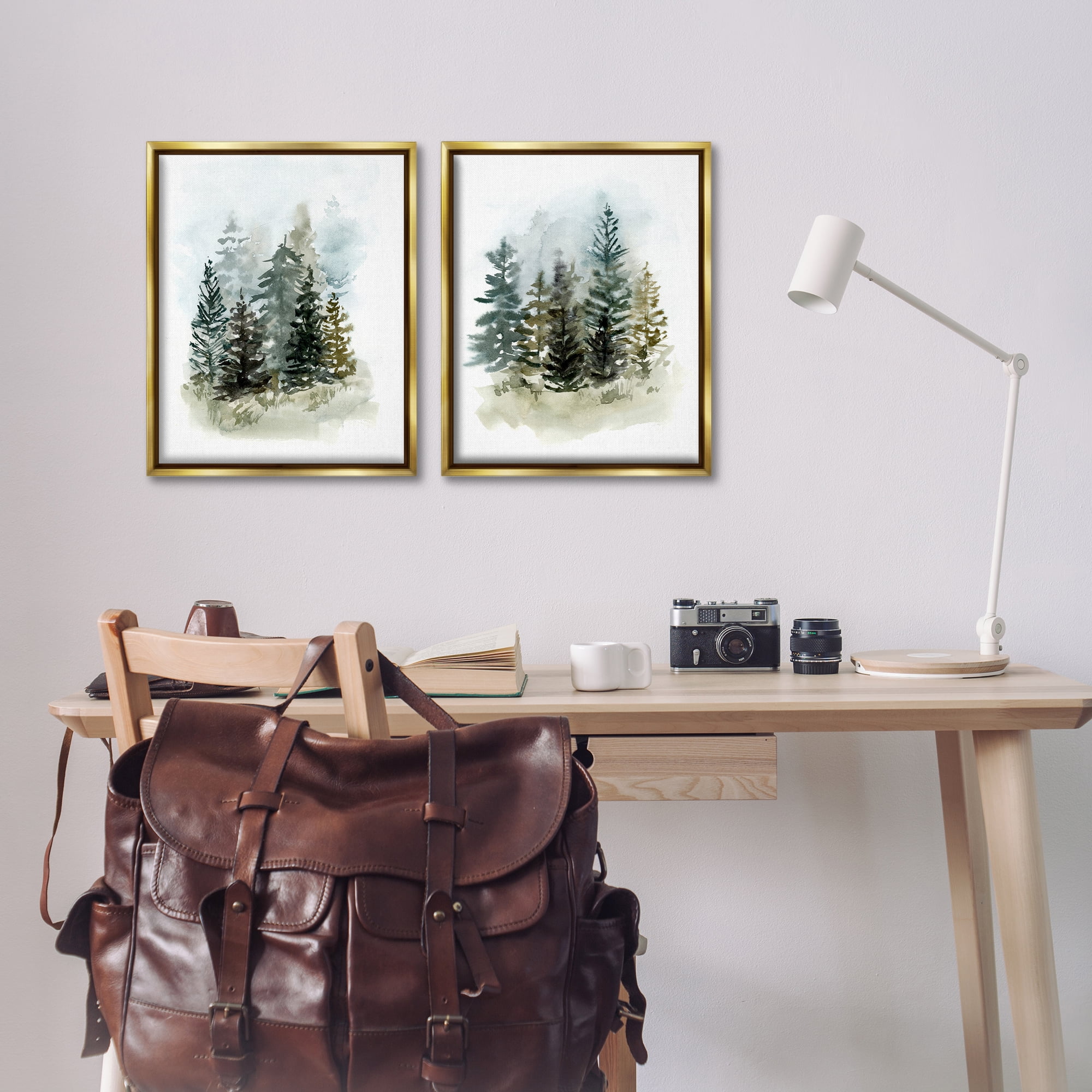 Stupell Industries Pine Trees Forest Grove Landscape & Nature Painting Gold Floater Framed Canvas Art Print Wall Art, 17 x 21, Set of 2