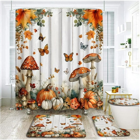4 Piece Fall Floral Mushroom Shower Curtain Set with Rugs, Toilet Lid Cover,Autumn Watercolor Pumpkin Butterfly Maple Leaves Thanksgiving Rustic Wooden Plank Bathroom Shower Curtain with Hooks