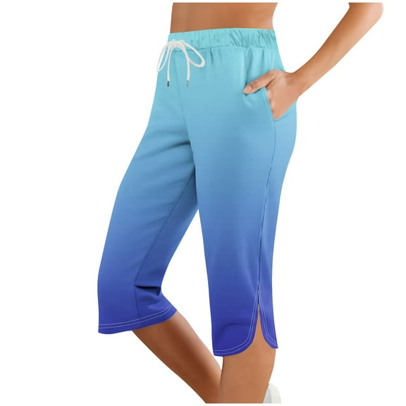 qelini Capris for Women Gradient Color Capris Pants Side Split Elastic Waist Print Ankle Pants Casual Daily Wear