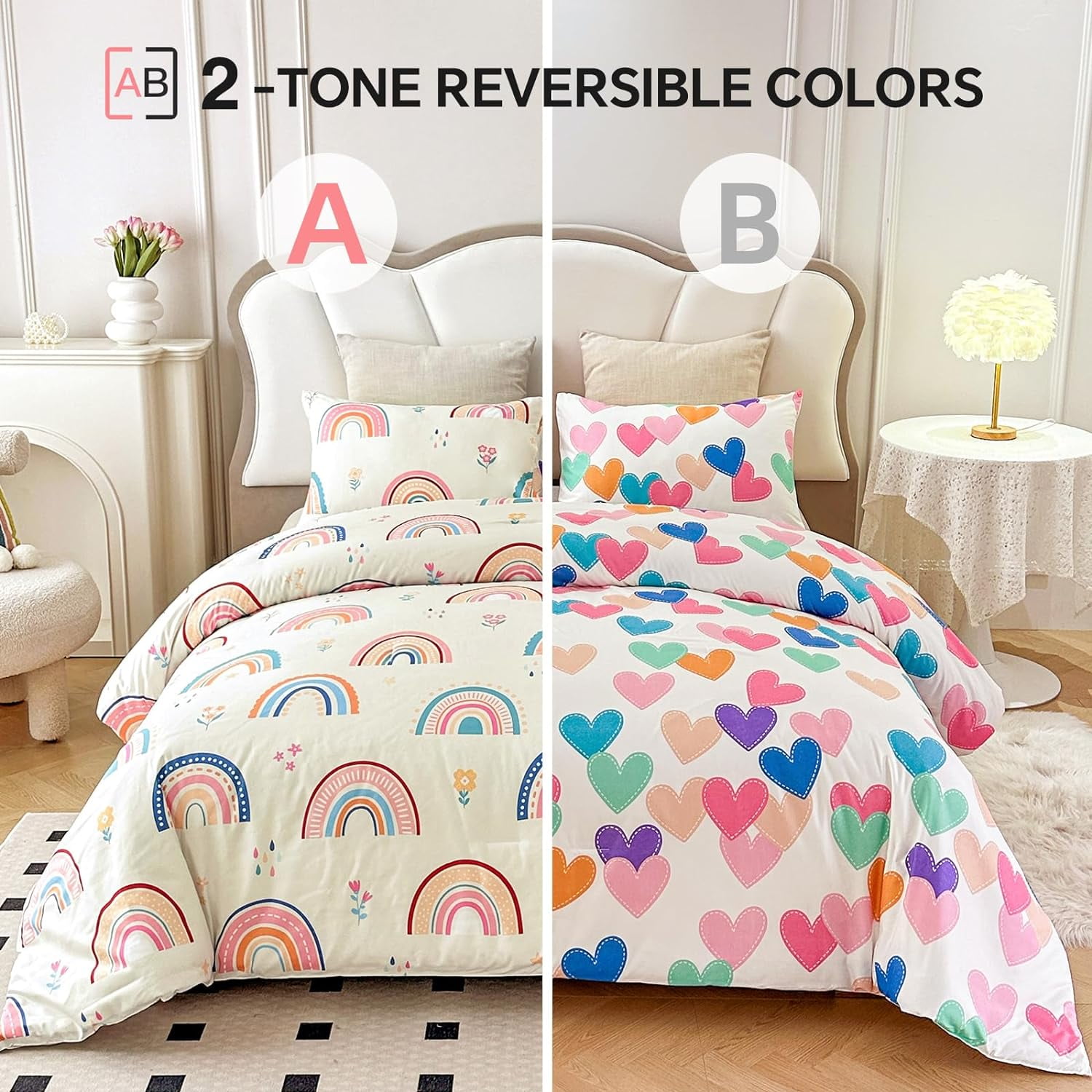 NTBED Rainbow Comforter Set with 2 Pillow Covers Cartoon Love Hearts Flowers and Grass Bedding Set for Girls Boys Kids Full Multi-Color 3 Pcs