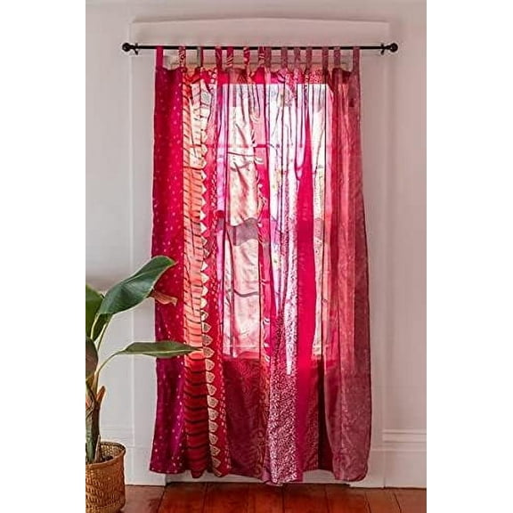 KLAVATE Indian Saree Silk Curtain Patchwork Saree Bohemian Ethnic Wall hanging Curtains Light Filtering Drape Window Decor Set of 2 Panels
