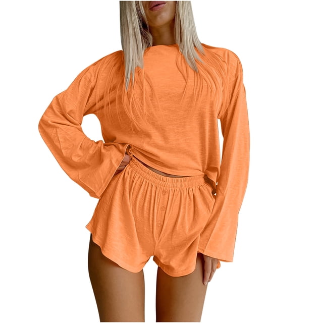 Mikilon Pyjama Décontracté pour Femmes Ensemble de Pyjama Simple Couleur Unie Manches Longues Ensemble de Shorts Pyjama Décontracté Manches Longues Col Rond Ensemble Haut/chemise Orange S