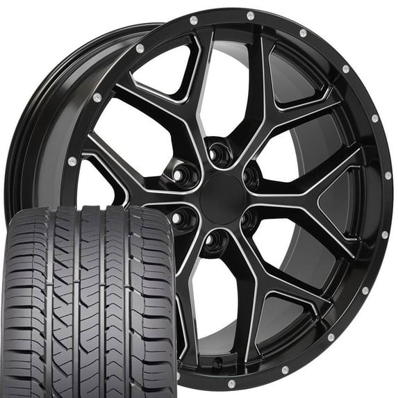 OE Wheels 22 inch Satin Black Deep Dish 5668 Rims & Goodyear Tires Fit Specific GM Trucks - Snowflake Style