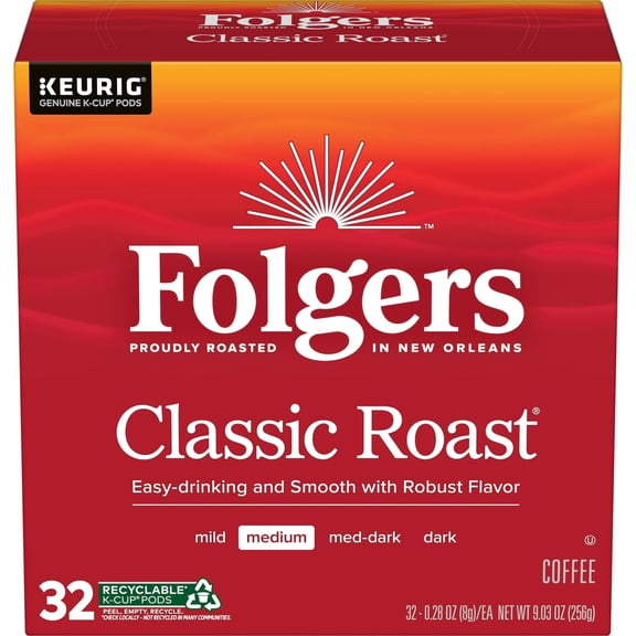 Folgers Classic Roast, Medium Roast Coffee, Keurig K Cup Pods, 32 Count Box