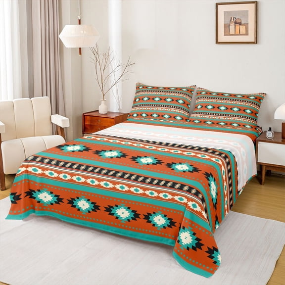 jejeloiu Bold Aztec Queen Sheets For Men Women,Tribal Pattern Queen Sheet Sets,Orange Teal,4 Pieces,1 Flat Sheet, 1 Fitted Sheet and 2 Pillowcases