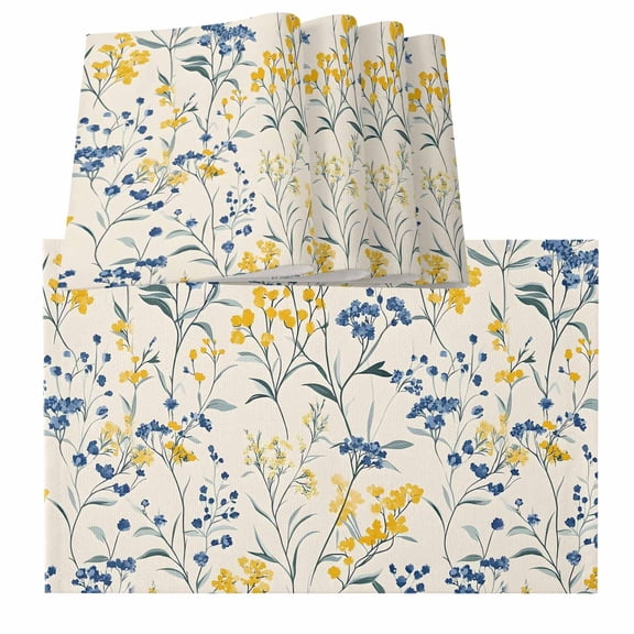 Yellow Blue Flowers Placemats for Dinning Table Set of 6, Watercolor Botanical Floral Plants Burlap Kitchen Place Mats Waterproof Cloth Table Mats, Indoor Outdoor Placemats Easy Clean Dinner Decor
