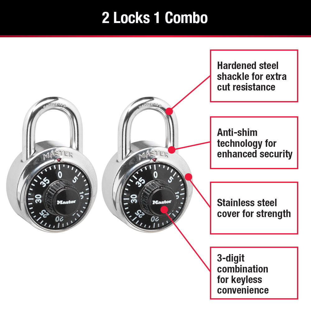 Master Lock 1500T 2 Pack Metal Body, hardened steel shackle Smooth Combination Padlock 2 Piece 2 Pack