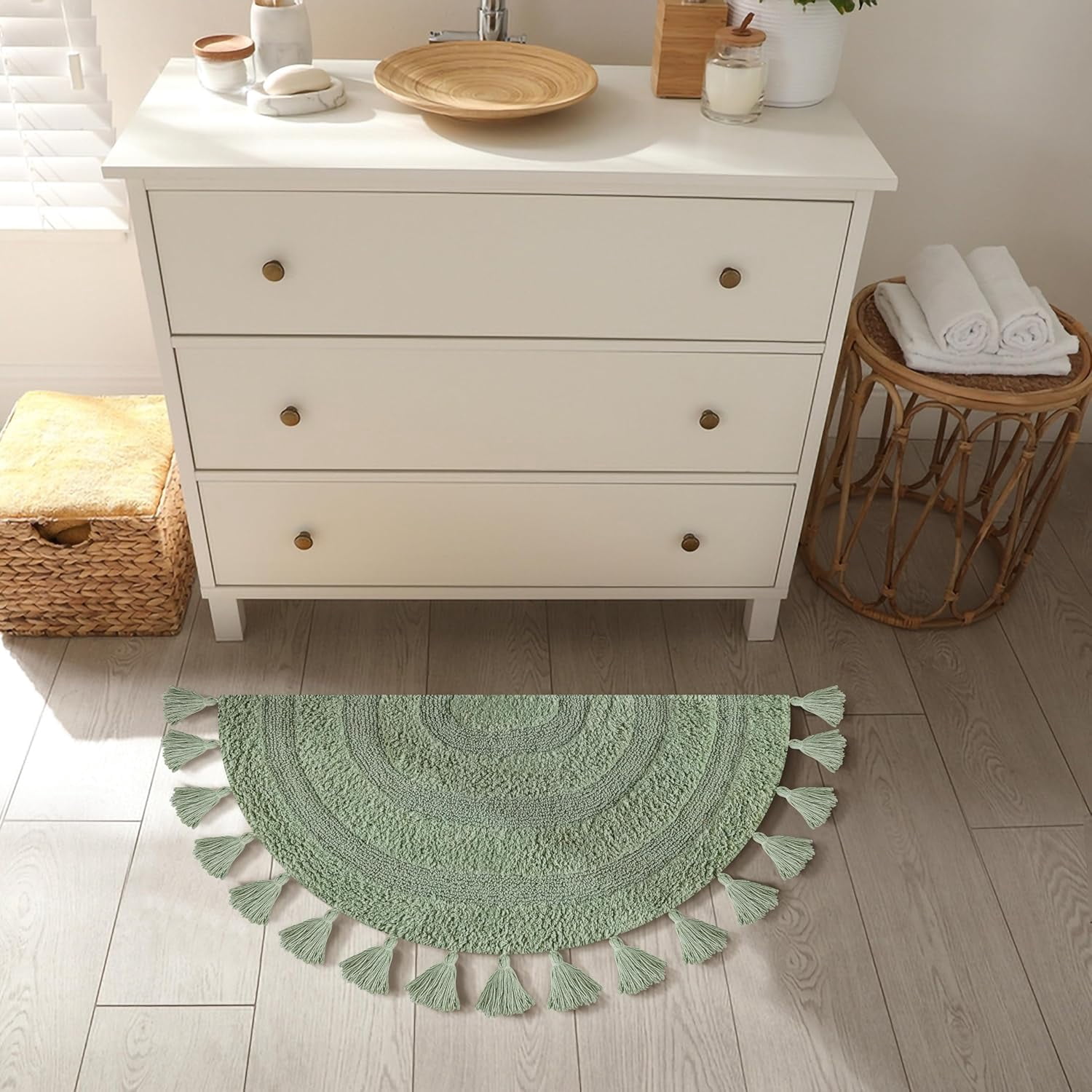 Savi Home Cotton Boho Half Circle Bath Mat, Sage Green, 22" x 36"