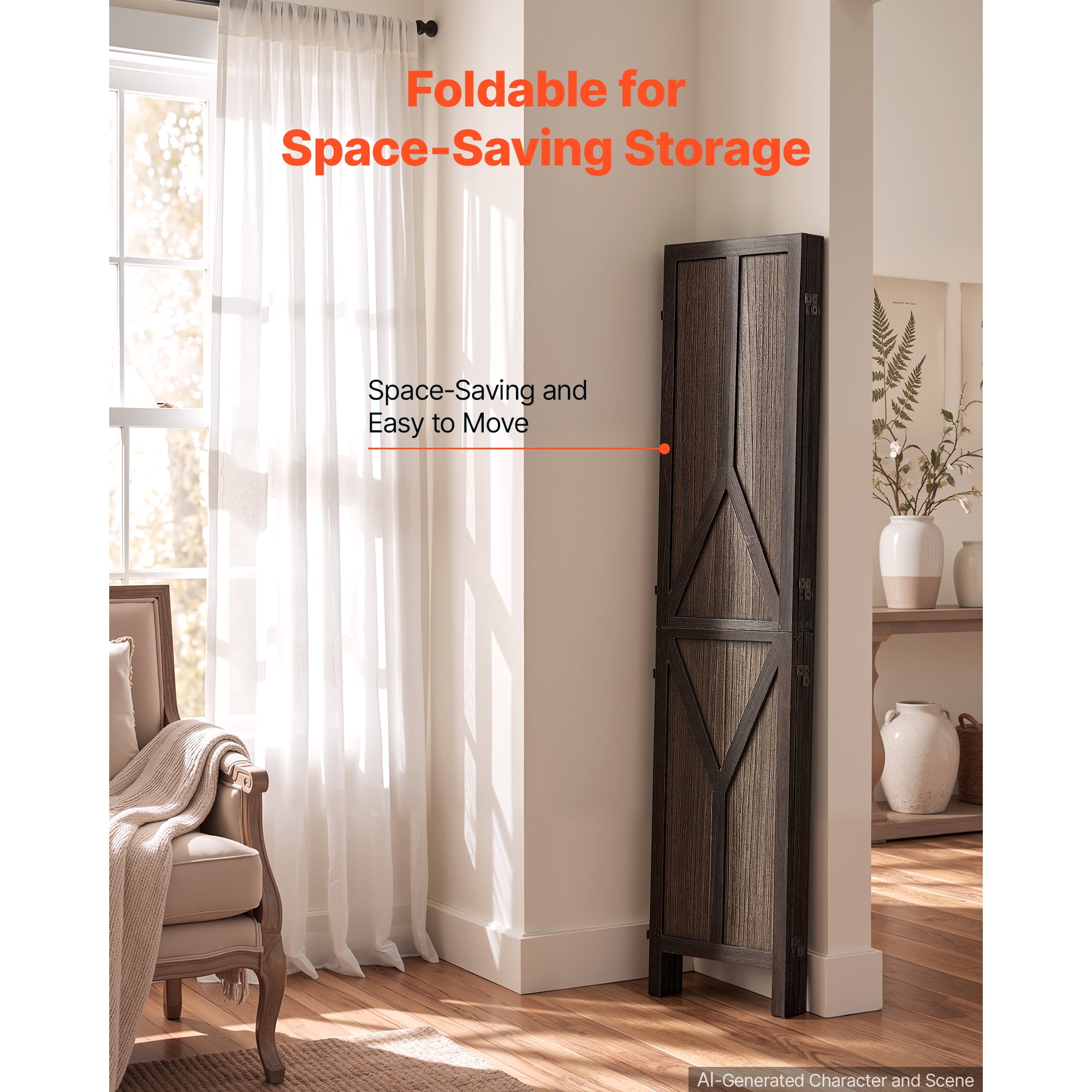 KFFKFF 4-Panel Wooden Room Divider with Y Pattern, Privacy Screen for Home Decor and Space Separation, 67-Inch Height, Sturdy Frame, Two-Way Hinges, Rustic Wooden Partition with Included Hardware