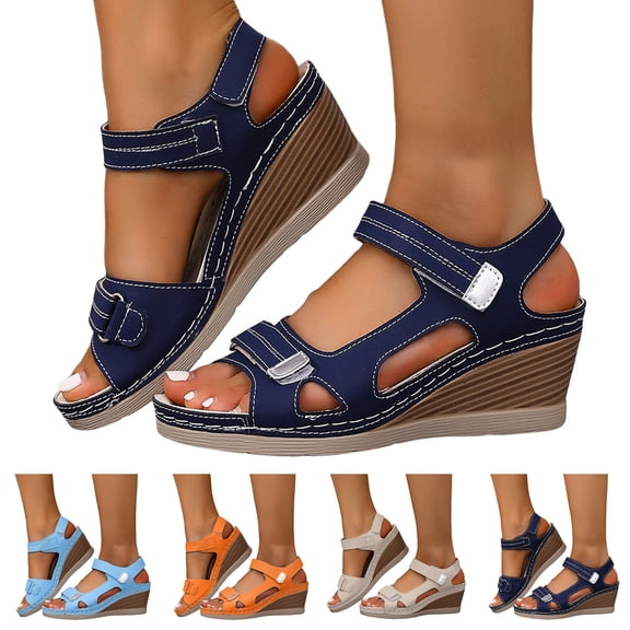 Pandaie Womens Wedge Sandals Platform Summer Beach Walking Shoes Arch Support Work Casual Slip on Sandal with Adjustable Hook and Loops Beige 6.5