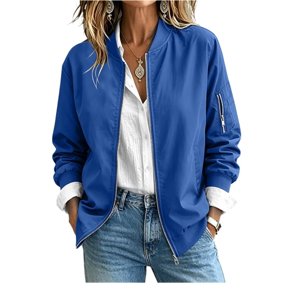 Maplenight Bomber Jackets for Women Casual Full Zip Up Coat Stand Collar Fall Jacket with Pockets