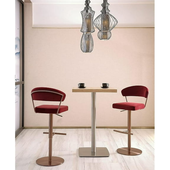 Whiteline Modern Living Nova Barstool, Red Velvet Seat, Adjustable Height, Rose Gold Stainless Steel Base