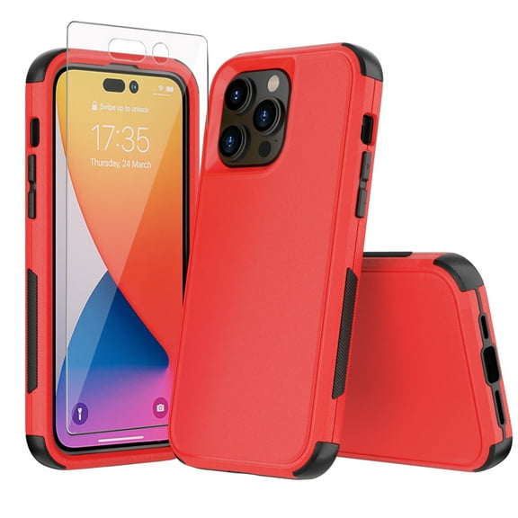 Xhy iPhone 14 Case with Screen Protector Military Grade Full Body Protection 3 in 1 Shock and Drop Resistant Rugged Rubber TPU Durable Detachable for iPhone 14 6.1 inch 2022 Phone - Red Black