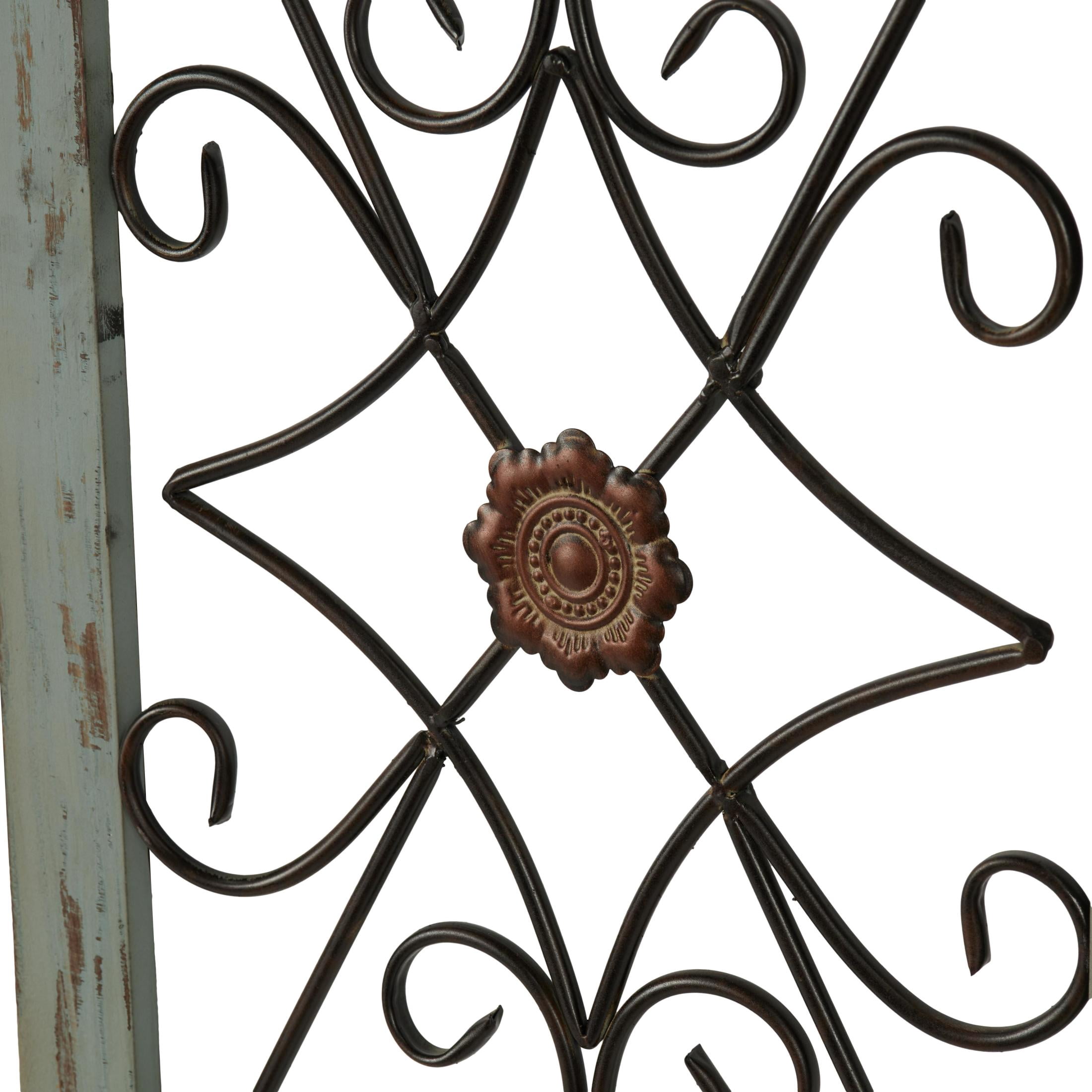 DecMode Light Blue Wood Arched Window Inspired Scroll Wall Decor with Metal Scrollwork Relief