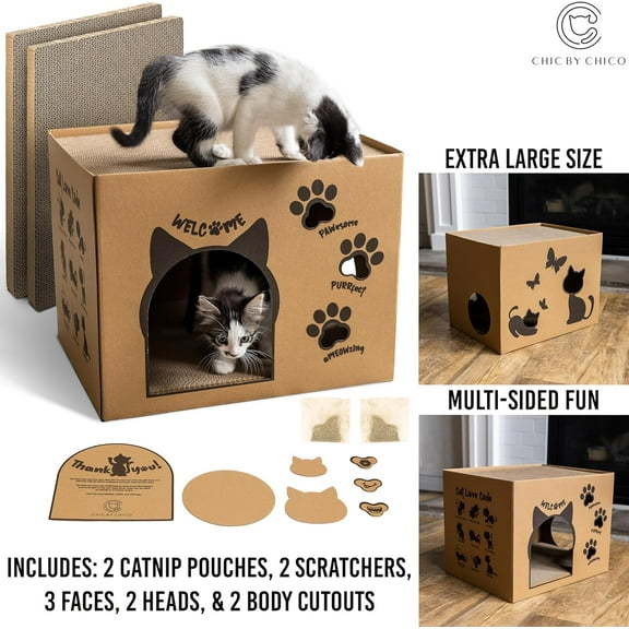 Two-Level Cardboard  House with Scratching Pads & Catnip - Large Sturdy   House for Multiple Pets - 17.5" x 13.4" x 13.4"