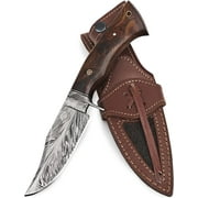 BigCat Roar Bladesmith Pride Damascus buck knife with sheath - 5" Drop-point blade hunting knife - Brown EDC knives for men