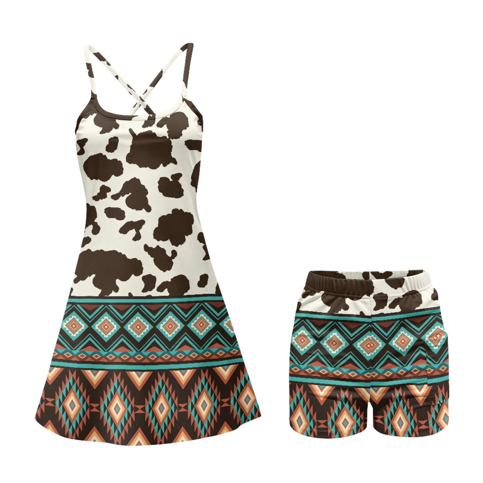 Yuyamidu Brown Cow Print Womens Tennis Dress, 2 PCS Aztec Tribal Golf Workout Dress with Shorts, Casual Spaghetti Strap Athletic Dresses Size L