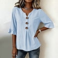 thumbnail image 4 of Qulqfy Womens Tops Striped Tunic Cotton 3/4 Sleeve Fall Ruffle Henley V-Neck Light Blue Button Down Casual Tshirts L, 4 of 7