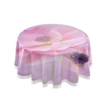 

60 Round Tablecloth with White Lace Trim Wrinkle & Heat-Resistant Table Cover for Dining and Home Decor Beautiful Pink Anemone Flower