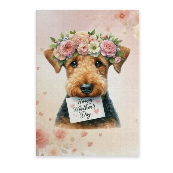 Happy Mother's Day Airedale Terrier with Flower Crown and Greeting Card Vertical Matte Canvas Poster Dale Waterside Dog Lover Wall Art Home Decor - 13004
