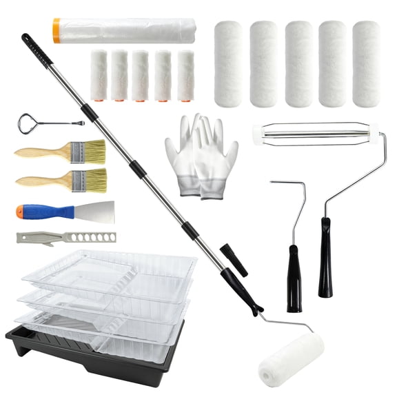 27‑Piece Paint Roller Kit with Extendable Pole, Paint Rollers, Brushes, Paint Tray, Scraper & Gloves, Complete DIY Painting Tool Set for Walls, Ceilings