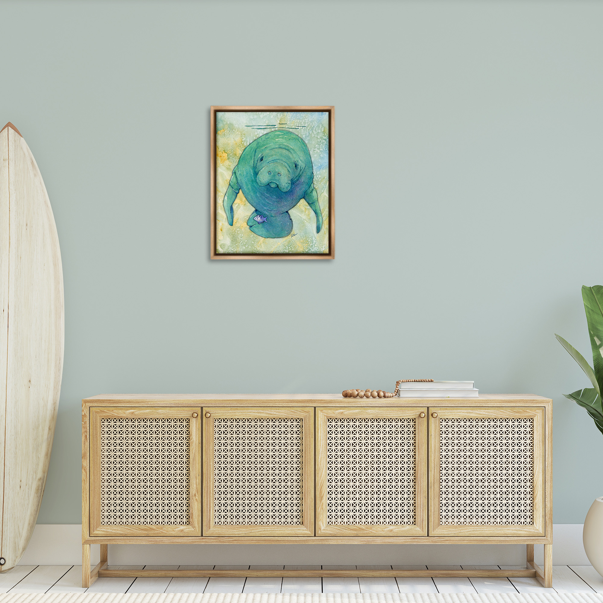 Stupell Industries Green Manatee Underwater Animals & Insects Painting Brown Floater Framed Canvas Art Print Wall Art, 25 x 31