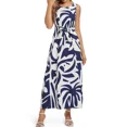 thumbnail image 6 of OYYN Women's Blue White Tropical Palm Leaf Print Sleeveless Maxi Dress Belted A-Line Summer Dress with Pockets for Beach Vacation, 6 of 7