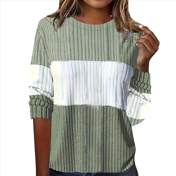 Blusa de Punto con Cuello Redondo y Mangas Largas para Mujer, Estilo Informal, con Patchwork y Cuello Redondo. Verde XL