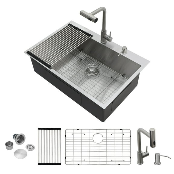 Logmey 30-inch Stainless Steel Single Bowl Kitchen Sink Quiet Design X-Shaped Drainage 16Gauge Workstation with Multifunctional Sprayer LM-WAL-LT3022R1R1-F