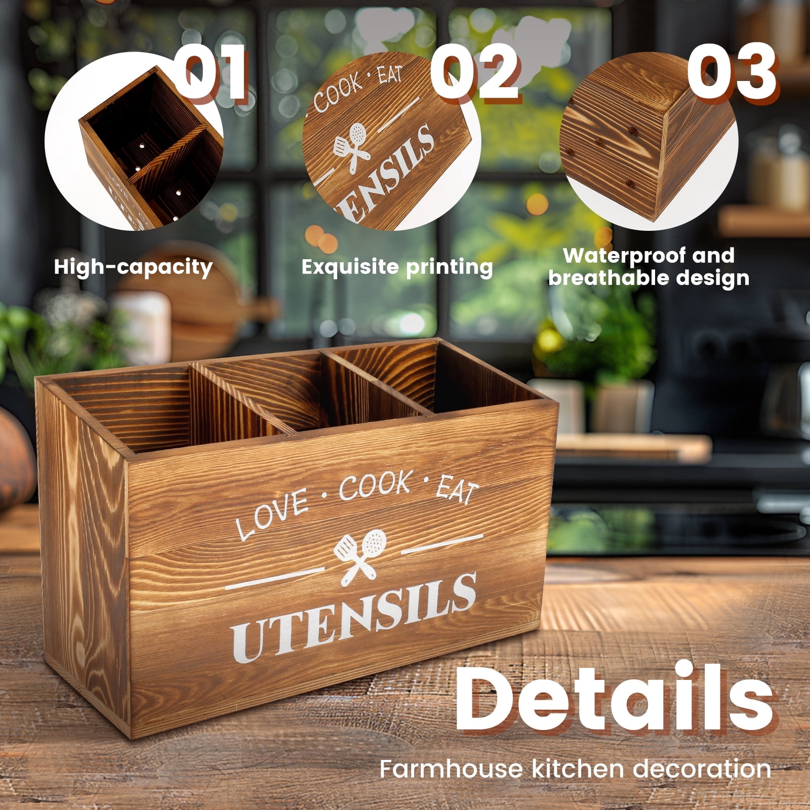 Extra Large Kitchen Utensils Holder, Wooden Utensil Organizer with 3 Compartments for Kitchen Countertop, Farmhouse Kitchen Decor, Rustic Cooking Utensil Storage