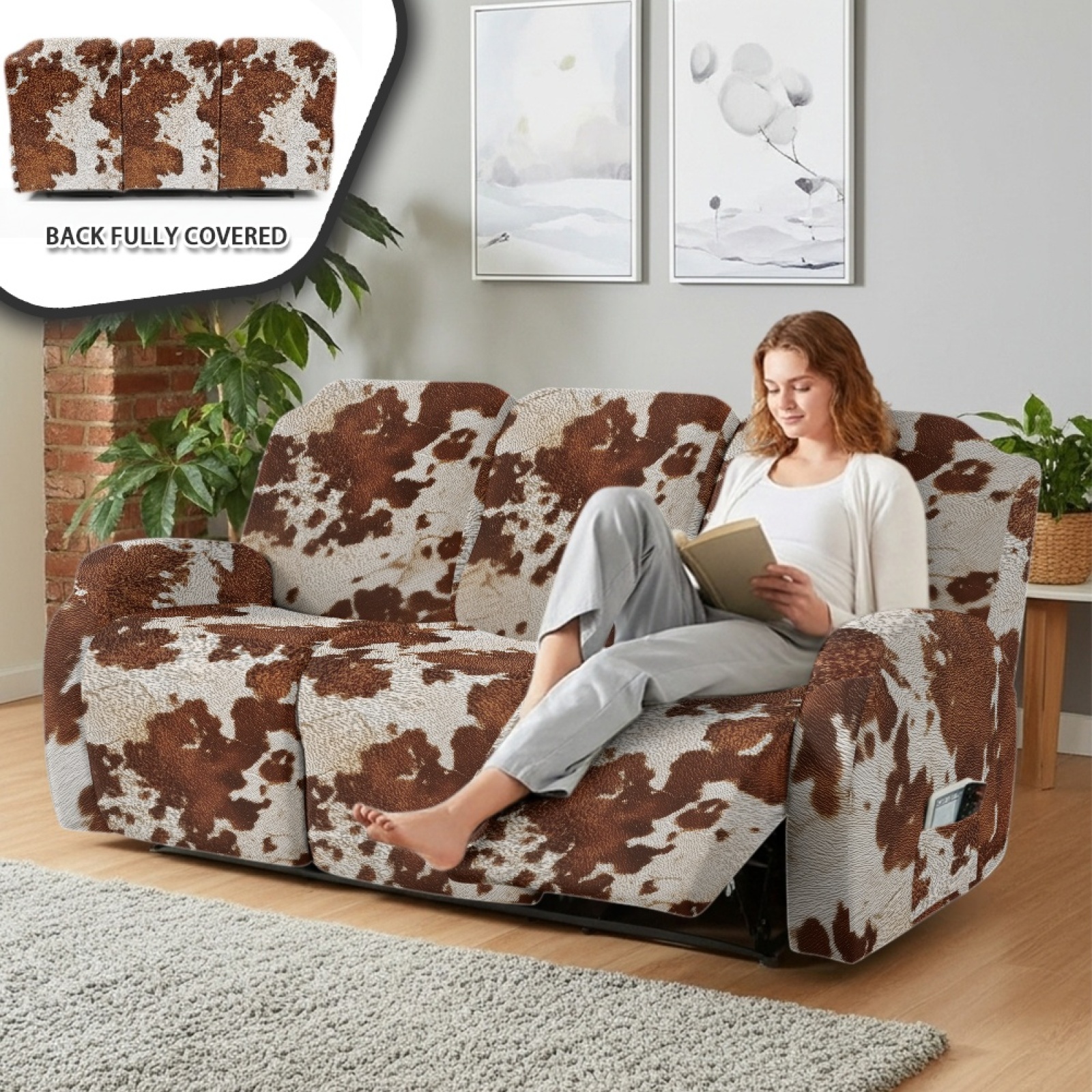 COEQINE Brown Cow Print Recliner Sofa Cover Polyester 3 Seater Reclining Chair Protector 8 Pieces Stretch Recliner Chair Cover Dog Couch Slipcover for Living Room Home Decor