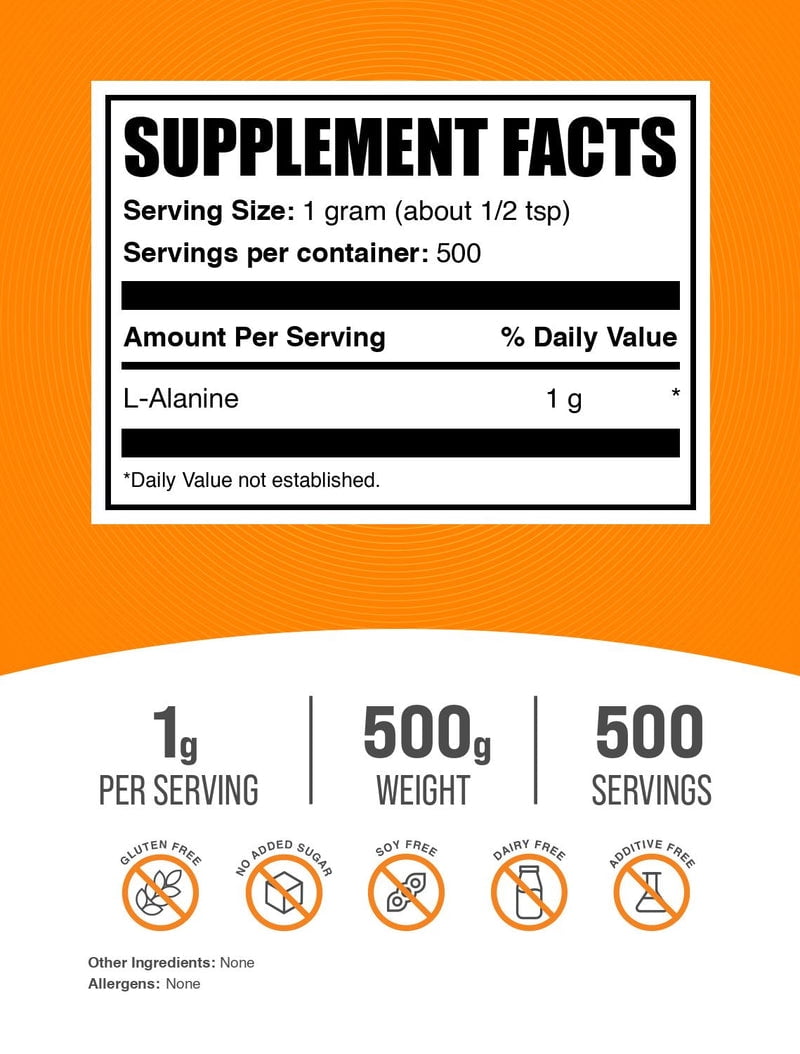 BulkSupplements L-Alanine Powder - 1g per Serving - 500 Grams (1.1 lbs) - 500 Servings