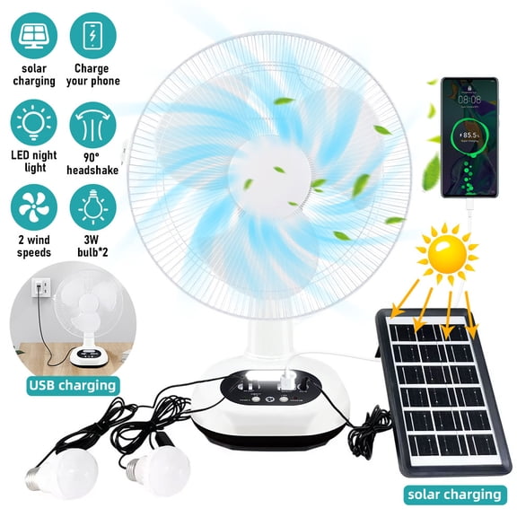 13.39 Inch Portable Rechargeable Table Fan with Solar Panel, Solar Powered Battery Fan with AC Charger, LED Light for Home Camping and Outdoor Use