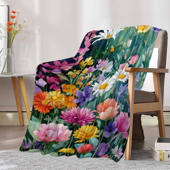 Fleece Blanket Spring Watercolor Flowers Daisy Blankets, Soft Cozy Warm Flannel Throw Blanket, Farm Pink Purple Floral Blanket for Bed Couch Sofa,30x40In
