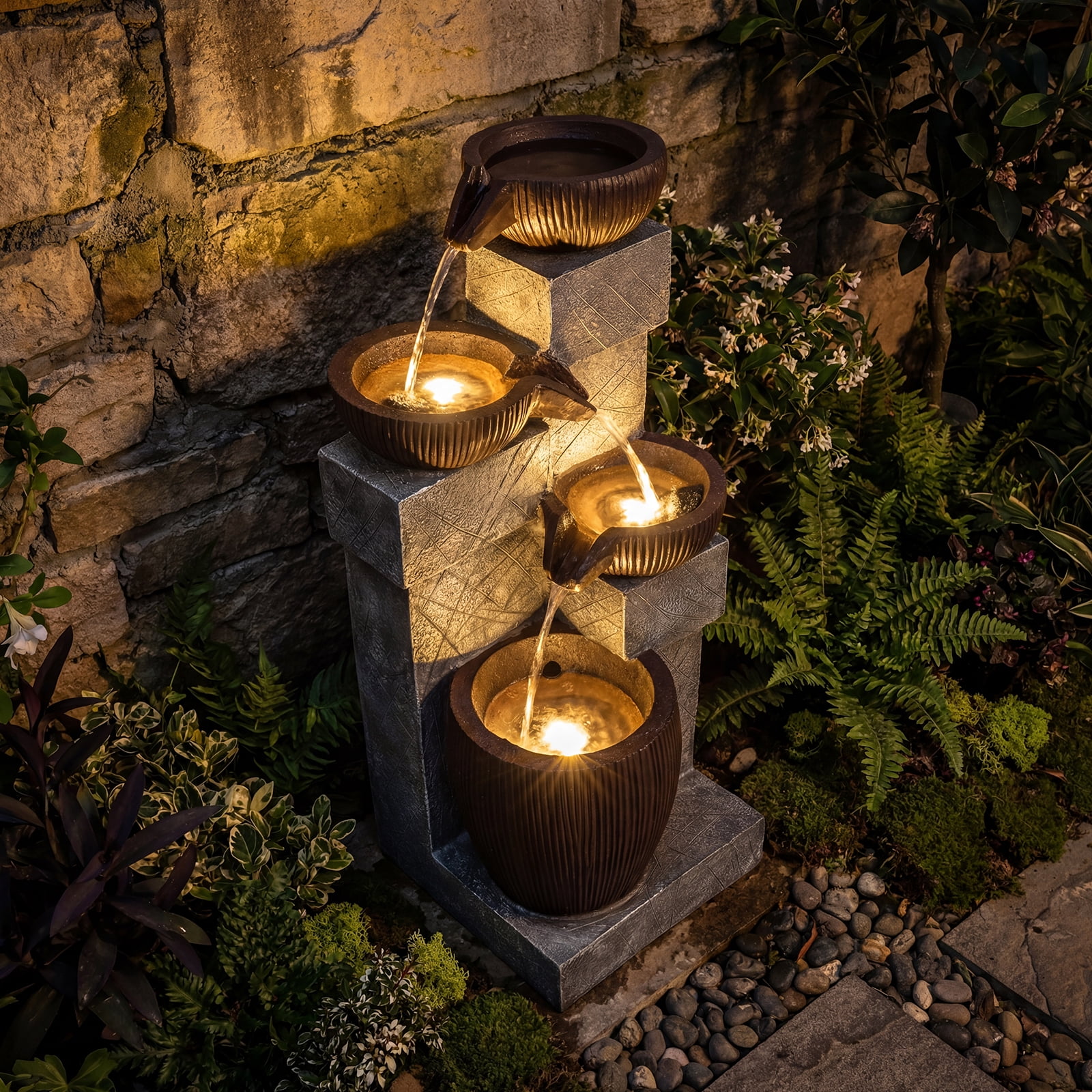 Costway 32” 4-Tier Outdoor Water Fountain with LED Lights for Patio Deck Backyard Balcony