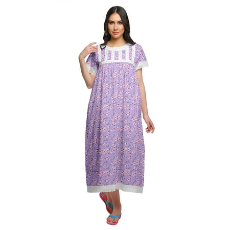 Moomaya Printed Short Sleeve Maxi Nightdress Button Down Cotton Sleepwear Gown