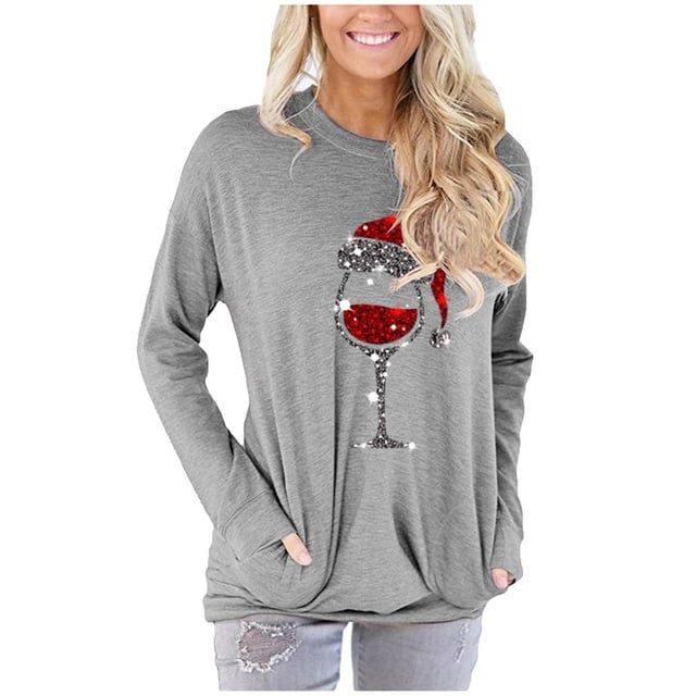 Camisetas de manga larga con cuello redondo y estampado informal de Navidad para mujer, blusa con bolsillos, camisetas Pompotops gfhjh15193