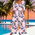 thumbnail image 2 of PWPSG Womens Palm Leaf Print Jumpsuit V Neck Half Sleeve Wide Leg Cropped Romper with Side Buttons Red L, 2 of 5
