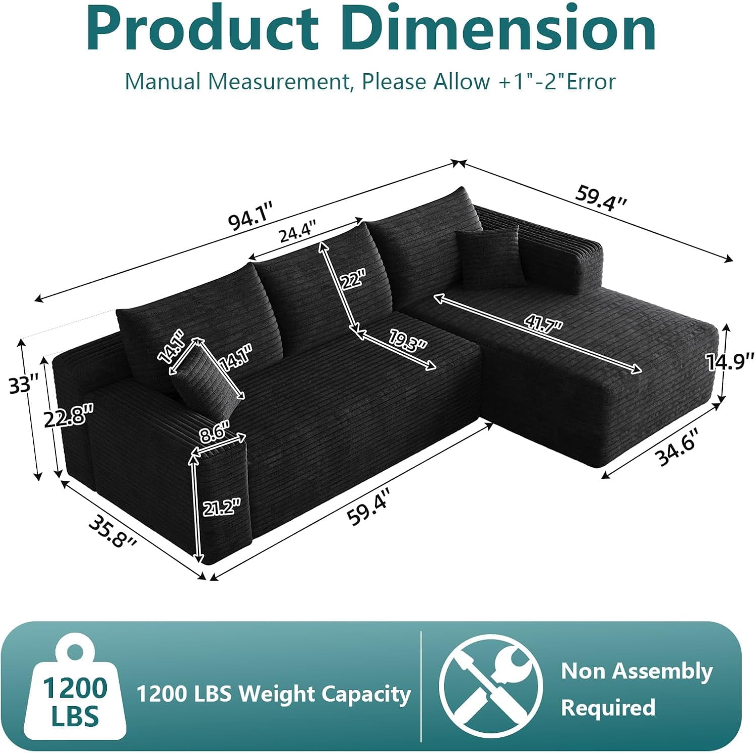Howcool Boneless Sectional Sofa, L-Shaped Cloud Couch with Right-Facing Chaise, Deep Seat Memory Foam Modular Sofa for Living Room, Black
