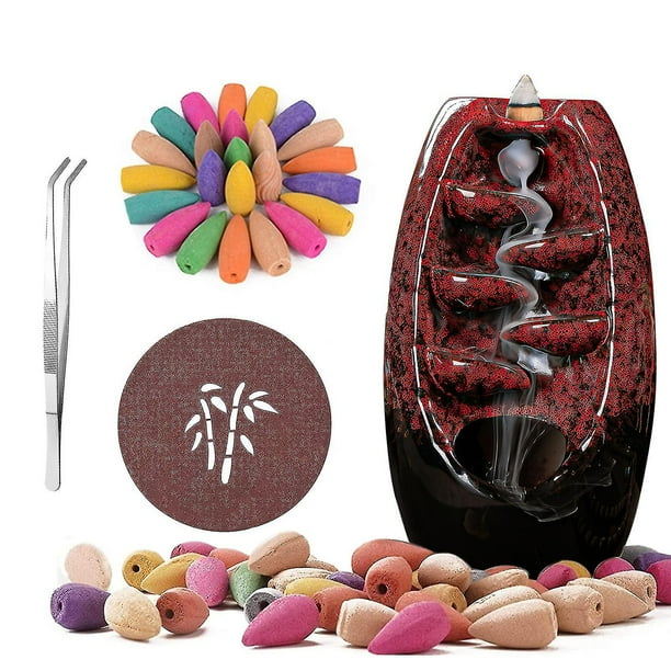 Reflux Waterfall Incense Burner, Ceramic Reflux Incense Holder Waterfall Incense Burner, Aromatherapy Accessories, With 100 Reflux Incense Cones, Red