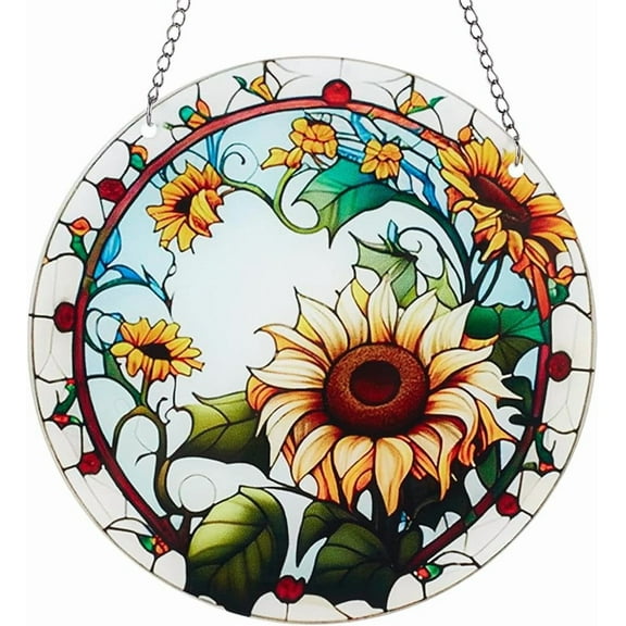 Stained Windows Hanging Suncatcher Retro Sunflower Hanging Ornament Round Acrylic Panel Sun Catcher with Iron Chain and Jump Rings Summer Home Decor Gift for Family Friends 5.9x5.9 Inch