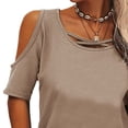 thumbnail image 3 of Camiseta de manga corta de color puro para mujer Blusa de manga corta de color liso transpirable holgada con hombros descubiertos, 3 of 6