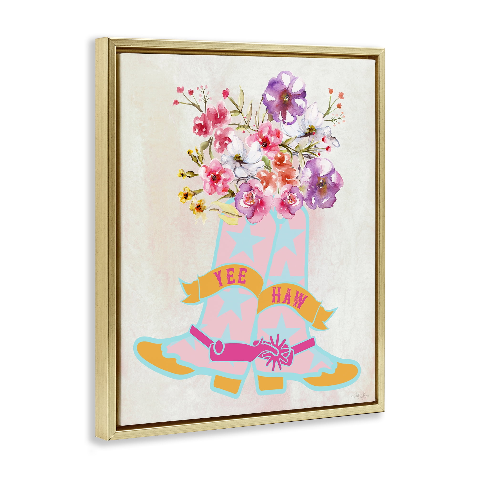 Stupell Industries Yee Haw Floral Cowgirl Plants & Flowers Painting Gold Floater Framed Canvas Art Print Wall Art, 25 x 31