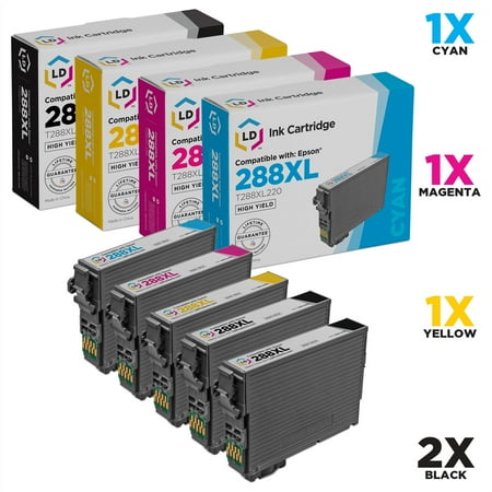 Remanufactured Ink Set LD Remanufactured Epson 288 / 288XL / T288 / T288XL Set of 5 High Yield Cartridges (2 Black, 1 Cyan, 1 Magenta, 1 Yellow) for use in Expression XP-330, XP-430, XP-434 & XP-440 ()